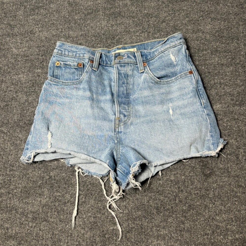 Levi's Shorts Womens 28 Blue Ribcage Short Distressed Denim High Rise Cut Off